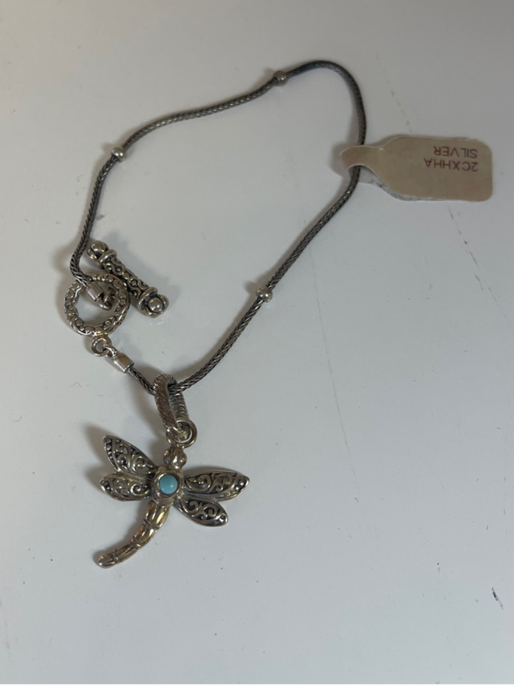 Silver Dragonfly Pendant Necklace with Turquoise Accent